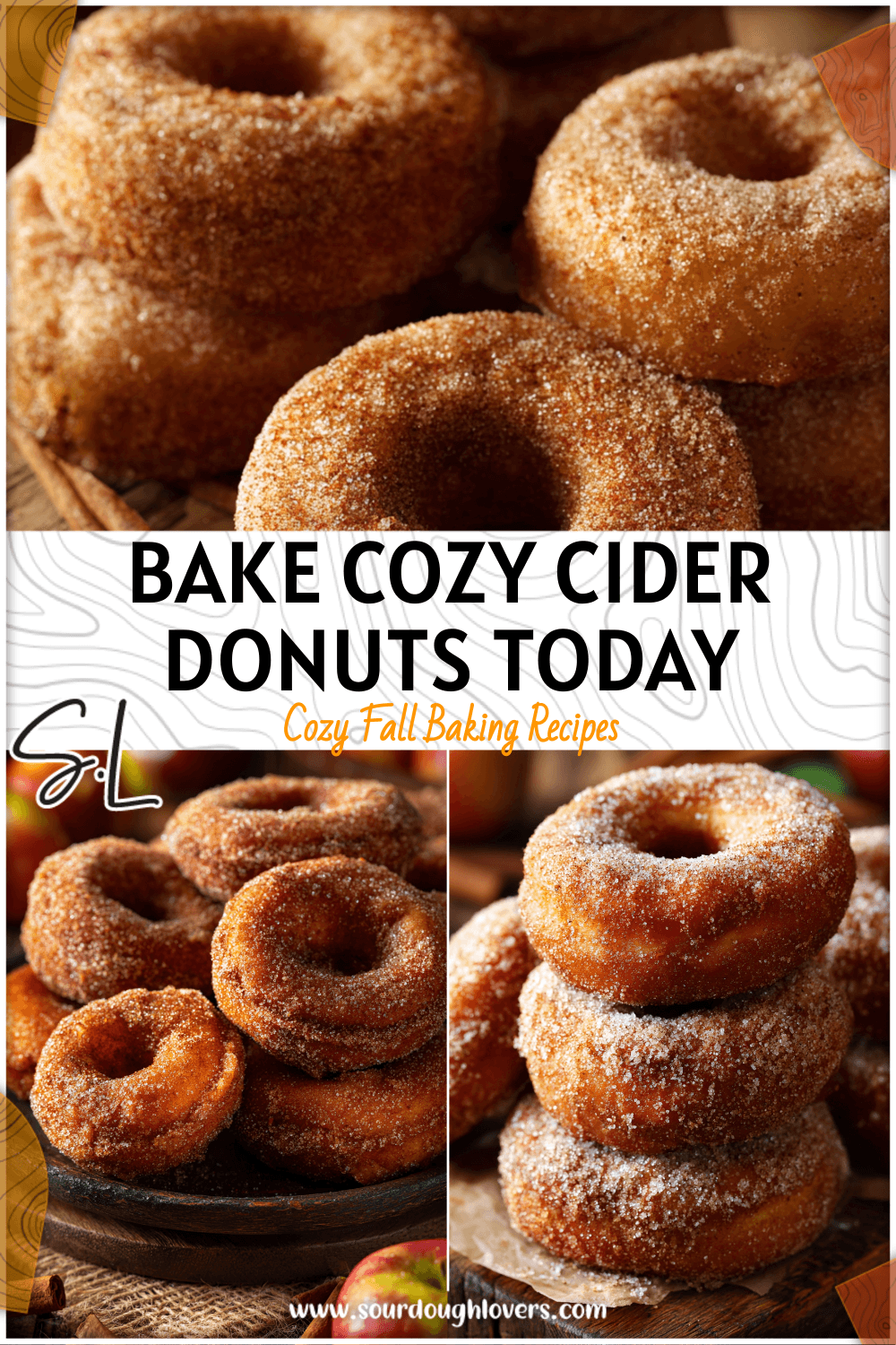Freshly baked apple cider fritters and donuts coated with cinnamon sugar on a rustic wooden table
